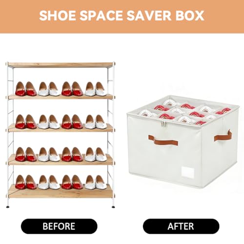 NVGSN Shoe Organzier for Cloest - 2pack Adjustable Shoe Storage Box Fits 8-16 pairs with Pop-Up dividers,17''*17''*12.5'' Space Saver shoe Box organizer with Clear Dust Cover - color: beige, size: 2pack