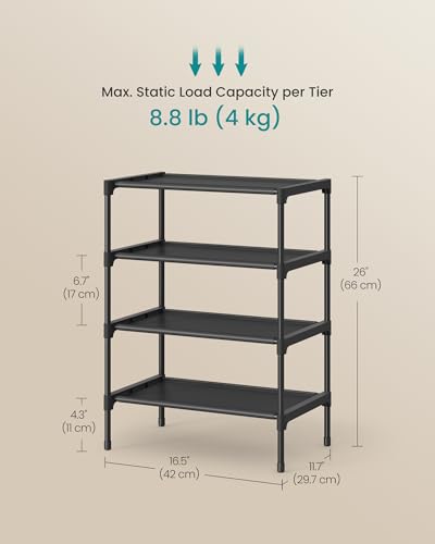 SONGMICS Shoe Rack, 4-Tier Shoe Storage Organizer, Space-Saving, 11.7 x 16.5 x 26 Inches, Entryway, Metal Frame, Non-Woven Fabric Shelves, Ink Black ULSH014BH01 - color: Ink Black, size: 4 Tiers (16.5"W)
