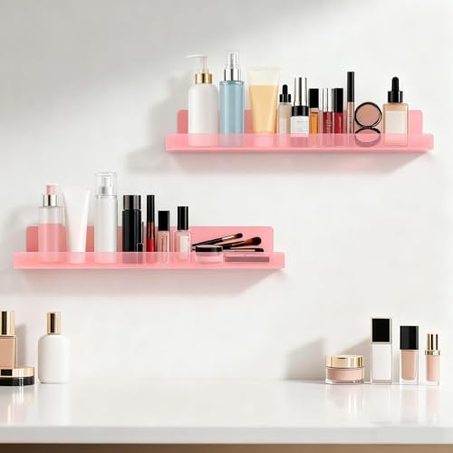 Dezzer 6 Pack Acrylic Shelves for Wall, 15" Acrylic Floating Shelves for Bathroom Bedroom, Invisible Bookshelf Wall Ledge Storage Shelf Books Perfume Toys Action Figure Display Shelves, Pink - style: 15 inch 6-pack Pink