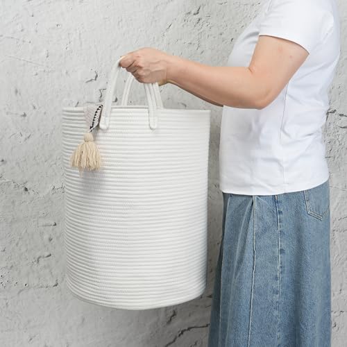 Woven Cotton Rope Laundry basket-15”X20” Laundry Hamper-Rope Storage Basket for Dirty Clothes, Toys and Blankets Perfect for Bathroom, Baby nursery and Living Room Storage (white) - color: white, size: regular