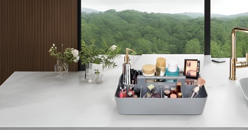 New Plastic Portable Makeup Organizer Caddy Tote Divided Basket Bin with Handle, for Bathroom Storage - Holds Blush Makeup Brushes, Made In USA (Orion Gray) - color: Orion Gray
