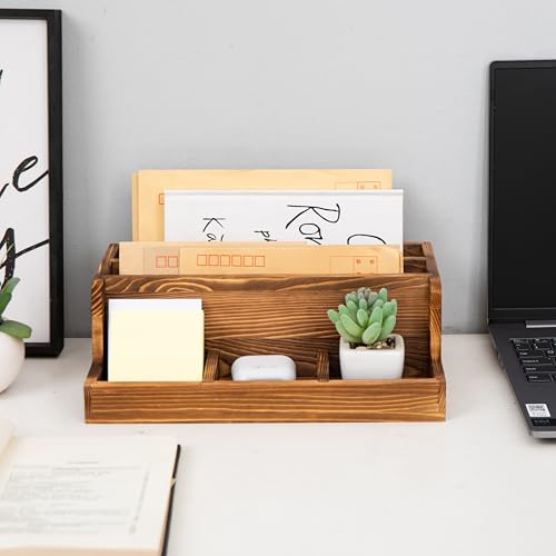 Rustic Brown Wood Mail Organizer Stationery Sorter Letter Holder Office Supply Storage Caddy 2 Slots 3 Trays Desktop Envelope Document Notepad Countertop Daily Accessories Table Home Entryway