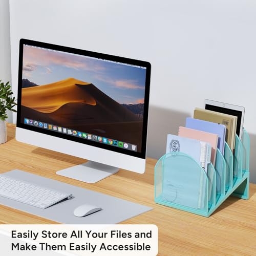 5-Section Desk File Organizer, Metal Mesh Folder Organizer for Documents, Mail & Office Papers (Blue) - color: Blue
