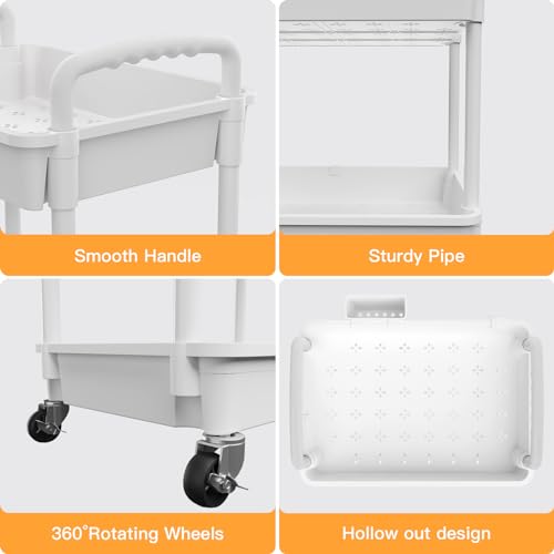 3 Tier Rolling Utility Cart with Handle,REBECAT Utility Cart Made of Multifunctional Storage Organizer Tool for Kitchen,Bathroom,Living Room,Office(White) - color: White