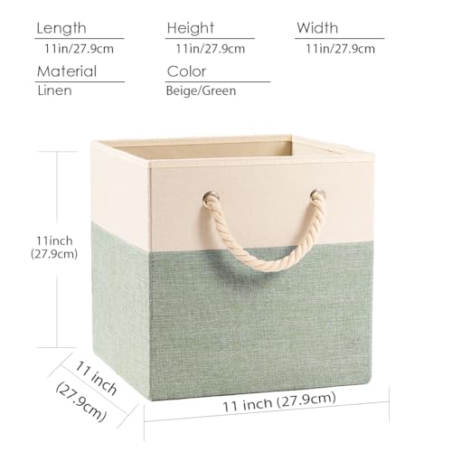 PRANDOM Large Foldable Cube Storage Bins 11x11 inch [4-Pack] Fabric Linen Storage Baskets Cubes Drawer with Cotton Handles Organizer for Shelves Nursery Closet Bedroom Beige/Green - color: Beige/Green, size: 11x11 inch(4-Pack)