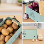 Kitchen Vegetable Storage Set of 3, Metal Onion Garlic Potato Storage Set, Kitchen Canisters Vegetable Keeper Containers with Aerating Holes and Wooden Lid (Sage Green) - color: Sage Green