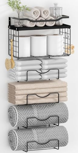 Towel Racks for Bathroom,Towel Rack Wall Mounted, 6 Tier Rolled Or Folded Towel Holder with Floating Shelves, Bathroom Towel Holder for Bath, Hand Towels,Metal and Wood,Full Black - color: Black Plank, size: J-type Black Rack