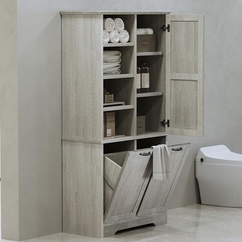 Merax Cabinet with Tilt-Out Laundry Hamper Basket, Tall Bathroom Storage Organizer Linen with Open Shelf for Home, Freestanding, Oak - color: Oak
