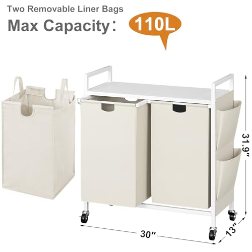 WOWLIVE Double Laundry Hamper with Lid,Rolling Laundry Basket Organizer with Wheels, Iron-Made Laundry Sorter with Top Shelf and 2 Removable Bags,Large Clothes Storage for Room,White - color: White, size: 110L (30.0 x 13 x 32 Inches)