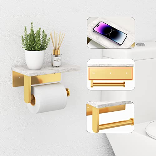Brushed Gold Toilet Paper Holder with Natural Marble Shelf, 304 Stainless Steel Screw Wall Mounted, Tissue Roll Paper Holder Dispenser for Bathroom Washroom - color: Gold, size: 1 Roll