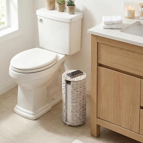 StorageWorks Free Standing Wicker Toilet Paper Holder Stand for Bathroom Storage, Decorative Water Hyacinth Toilet Paper Storage with Lid, 3 Rolls of Tissue Holder with a Built-in Cloth Lining, White - color: White（water Hyacinth）, size: 6¾"D(For 3 Roll)