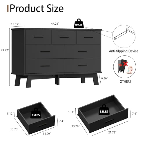 Xixini Dresser for Bedroom with 7 Drawer, Wood Modern Chest of Drawers with X-Shaped Sturdy Base, Wide Double Dresser Closet Clothes Storage Organizer, Wooden TV Stand for Living Room, Hallway, Black - color: Black, size: 15.6"D x 47.2"W x 29.5"H (7 Drawe
