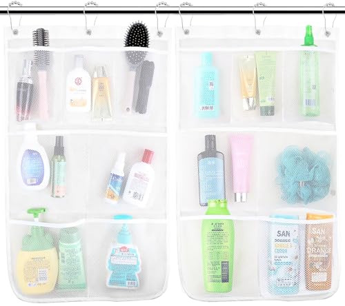 Mesh Shower Caddy Hanging, 7 Pockets Hanging Bathroom Organizer with Quick Dry Mesh, Portable, Can Store Soap, Loofah Shampoo and Cruise Ship Essentials, 17 Inch by 26 Inch, White, 2 Pack