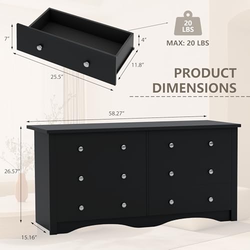 YESHOMY 58'' Dresser for Bedroom, 6 Drawer Dressers, Wood Storage Organizers Units, Hallway,Office(Black) - color: Black