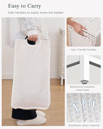 SETVSON Laundry Hamper with Lid 132 L, (35 Gallons) Clothes Hamper with Lid, Handwoven Rattan Laundry Hamper with Metal Heightened Feet, Laundry Hampers with 3 Removable Liner Bags for Laundry-White - color: Cloud White, size: 132 L - 35 gal