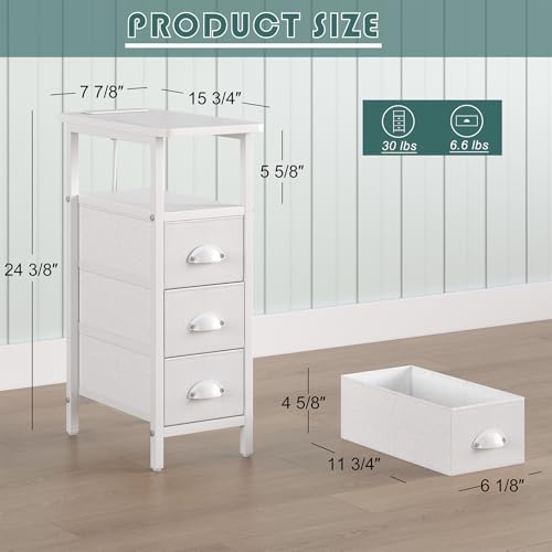sthmec End Table with Charging Station,LED Side Tables with USB Ports and Outlets,Skinny Bedside Tables with 3 Drawers,Small Tabls Nightstands for Small Space,Slim Sofa Table for Livingroom, White - color: White, size: 7.88'' W*15.75'' D*24.3'' H, style: