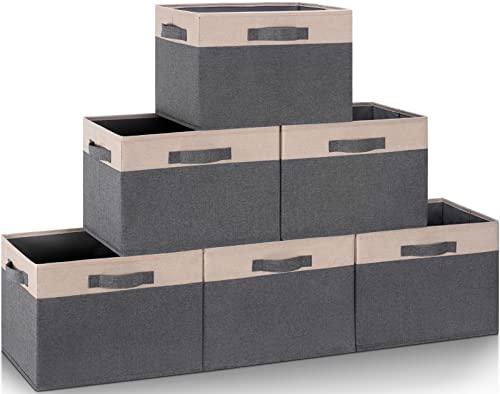GhvyenntteS Large Fabric Storage Bins for Shelves with 3 Handles, 15x11x9.6in Closet Storage Bins, Sturdy Foldable Storage Baskets for Shelves Closet Bedroom Living Room Office (Beige, Set of 6) - color: Grey & Beige, size: Large-6 Pack