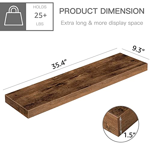 QEEIG Floating Shelves for Wall 35.4" Long - Wall Mounted Shelf Bathroom Kitchen Living Room Bedroom Farmhouse Home Decor Display Bookshelf Large 35.4 x 9.3 inch Set of 2, Rustic Brown (008-90BN) - color: A. Brown, size: 35.4"