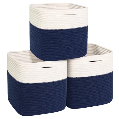 11x11 Cube Storage Bin - 3 Pack Woven Storage Cubes Organizer, 11 Inch Cotton Rope Baskets for Organizing, Decorative Square Shelf Baskets Closet Bins, Toy Boxes for Boy, Dark Blue Decor - color: Dark Blue