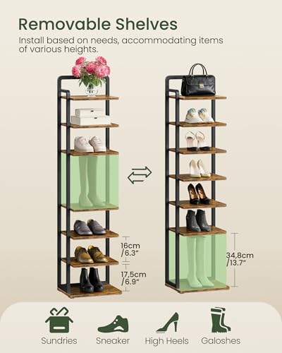 CHOEZON 8-Tier Vertical Shoe Rack, Narrow Shoe Tower, Corner Shoe Storage Organizer, Shoe Shelf, for Small Spaces, Industrial Style, for Entryway, Hallway, Living Room, Rustic Brown and Black TXJ08BF - color: Rustic Brown, Black, size: 11.7"L x 8.9"W x 53