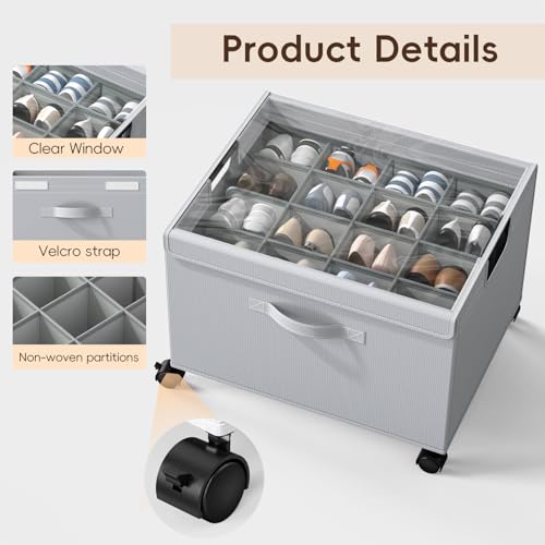 HOUSE AGAIN Shoe Organizer for Closet, 2 Pack Foldable Shoe Storage Organizer Box with Wheels and Adjustable Dividers, Sturdy Metal Frame Fits up to 16-32 Pairs, Large Shoes Storage with Clear Cover - size: 2 Pack