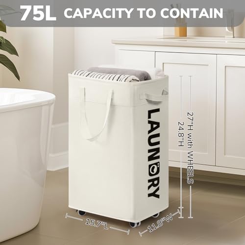 Goodpick Laundry Baskets with Wheels and Handle, 2-Pack 75L Collapsible Laundry Baskets, Clothes Laundry Basket with Removable Wash Bags for Corner Dorm, White Rolling Laundry Hamper - color: White 2-Pack