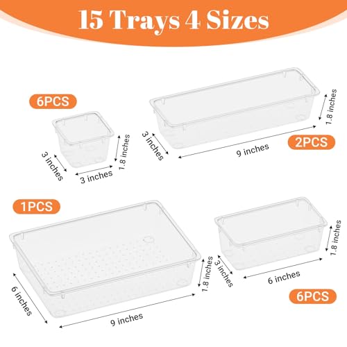 SpaceHacks 15 PCS Clear Plastic Drawer Organizer Set, 4-Size Acrylic Drawer Storage Trays, Storage Bins for Makeup, Gadgets, and Jewelry in Bathroom, Bedroom and Office, Clear - color: Clear