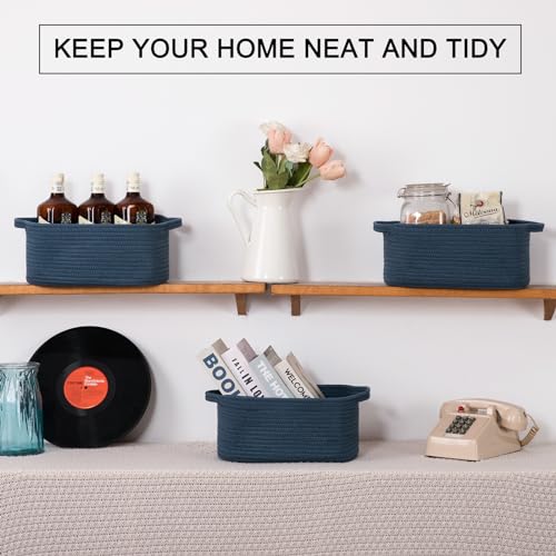 OIAHOMY Cotton Rope Woven Baskets for Storage, Nursery Rectangle Storage Basket with Handles for Shelves, Pack of 3, Blue - color: Blue