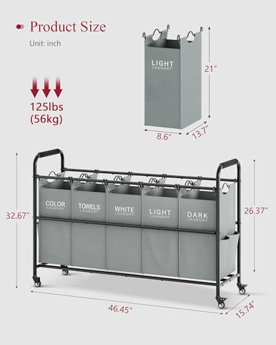 Tajsoon Laundry Sorter, Laundry Hamper 5 Section with Heavy Duty Rolling Lockable Wheels, Laundry Basket Organizer with Removable Bags for Dirty Clothes Storage, Grey - color: Grey