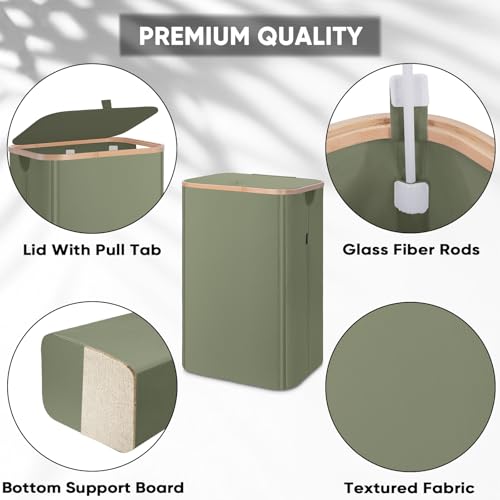 BALEINE Laundry Hamper with Lid, Tall Laundry Baskets with Bamboo Pull Handles, Large Laundry Bin with Internal Support (18 Gal/70L, Green) - color: Green, size: 70 liters