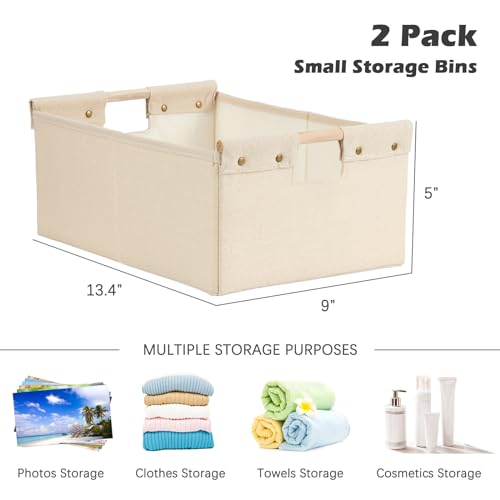 2PCS Storage Bins Cotton Linen Fabric Storage Boxes Basket with Wooden Handles Foldable Washable Decorative Shelf Container Clothes Organizer Home Laundry - Small Size, Beige - color: Beige, size: Small (Pack of 2)