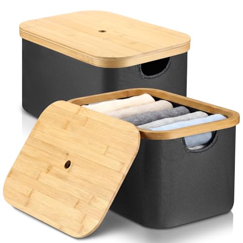 Novabright 2 Pcs Collapsible Storage Basket with Bamboo Lids 15" x 10" Foldable Fabric Storage Bins with Handles for Organizing Shelves Closet Laundry Room Bathroom Clothes Towel(Black) - color: Black