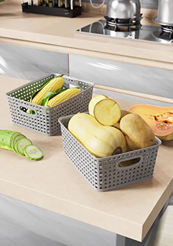 WYT Weave Storage Organizer Baskets, Grey 6-Pack Plastic Woven Baskets, 10.1" x 7.55" x 4.1" - color: Grey, size: 6-Pack