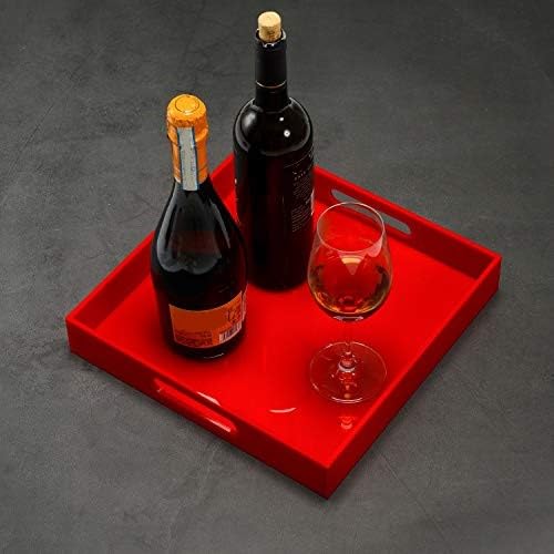 Sturdy Red Acrylic Serving Tray with Handles - 12x12 Inch - Coffee & Appetizer Platter - Kitchen Counter & Vanity Organizer - color: Glossy Red, size: 12" x 12" x 2"