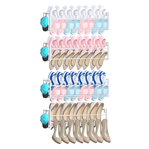 4 Pack Wall Mounted Shoe Rack for Narrow Spaces, Hanging Shoe Rack Holds 32 Pairs, 17"-30"Adjustable Heavy Duty Wall Shoe Storage with 8 Storage Hooks, Space Saving for Closet Entryway Door, White - color: White, size: 4 Pack
