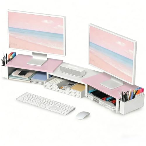 OPNICE Desk Organizers and Accessories, Dual Monitor Stand Riser with Drawer and 2 Pen Holders, Desk Shelf Wood Computer Racks for Office Workspace Organizers, Desktop Organization (Pink-White Wood) - color: Pink-White Wood, size: With drawer and pen hold