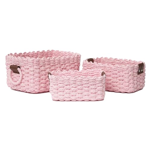 Small baskets for Organizing,Cute woven Storage basket with recycled paper rope for Shelves Bathroom,Little decorative basket,Set of 3 (Pink) - color: Pink