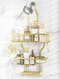 YASONIC Never-Rust Aluminum Hanging Shower Caddy – Over-the-Showerhead Organizer with 10 Hooks for Razor and Sponge – Includes Soap Basket – Gold - color: Gold