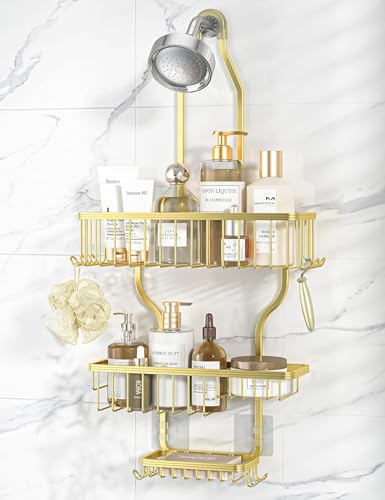 YASONIC Never-Rust Aluminum Hanging Shower Caddy – Over-the-Showerhead Organizer with 10 Hooks for Razor and Sponge – Includes Soap Basket – Gold - color: Gold