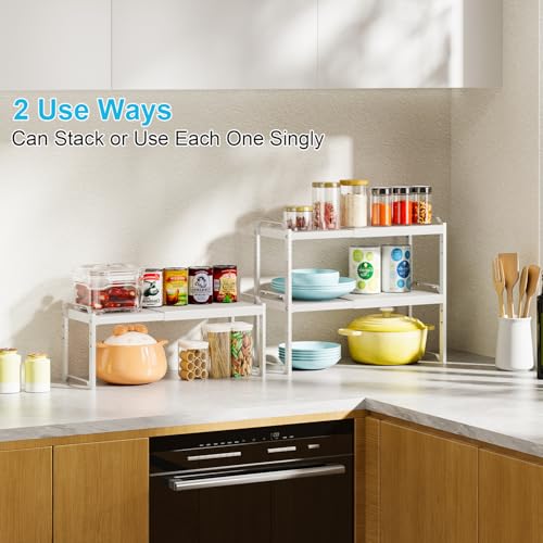 X-cosrack 2 Pack Expandable Kitchen Cabinet Shelf Organizer, Stackable Adjustable Storage Shelves for Pantry Cupboard Kitchen Counter, 20LBS Loading Capacity, Size: W*D*H=20.5 * 8.26" * 8.72" - color: White, size: 2 Pack: 12.6"-20.5"L (Material: Metal and