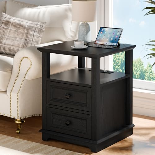 REDAYFUR End Table with Fast USB C Charging Station,18" Wide Sofa Side Table with 2 Drawers, Large Storage Rustic Wood Square Storage Cabinet for Living Room, Bedroom, Office, Black - color: Black, size: 1 Piece