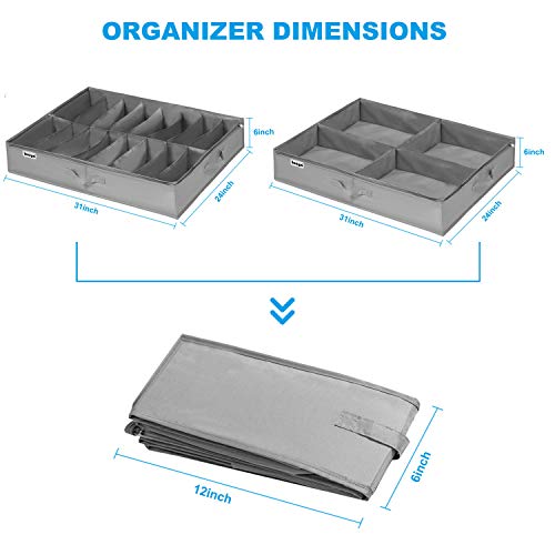 Under Bed Shoe Storage Organizer Set of 2, Fits 16+4 Pairs Boots Total, Underbed Shoe Box Storage Containers w/ Reinforced Handles, Clear Foldable Shoes Organizer Adjustable Dividers w/ Bottom Support - size: 16+4 Cells