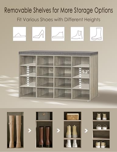 DINZI LVJ Shoe Storage Bench with Cushion, 16-Cubby Shoe Rack, Adjustable Shelves, Multifunctional Shoe Organizer Bench for Entryway, Mudroom, Hallway, Living Room, Bedroom and Garage, Gray Wash - color: Gray Wash, size: 16 Cubby