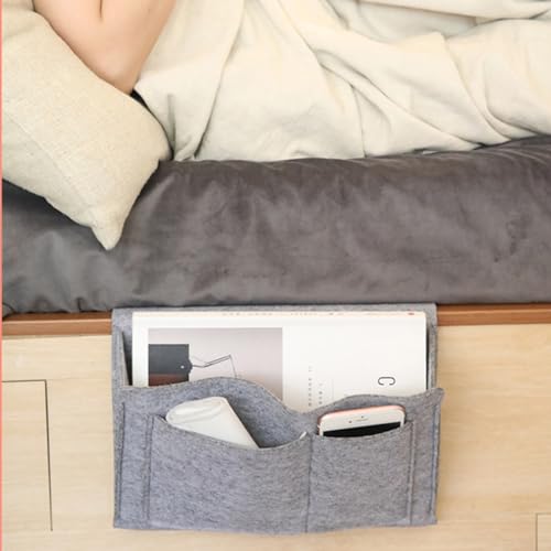 Bringsine 5 Pockets Bedside Caddy, Felt Bed Storage Organizer Hanging Bag Holder for Magazine Book Phone Tablet iPad Cables Remote and Water Bottle Holder Home Dorm Bed Sofa-Light Gray - color: Light Gray, size: 5 Pockets + Bottle Holder