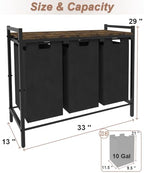 10 x 3 Gal Large Laundry Hamper with 3 Pull-Out & Removable Sorter Bags, Freestanding Clothes Basket Organizer for Clothing or Toys in Bathroom and Living Room, Rustic Brown and Black - size: 3 Section without wheels