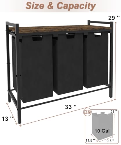 10 x 3 Gal Large Laundry Hamper with 3 Pull-Out & Removable Sorter Bags, Freestanding Clothes Basket Organizer for Clothing or Toys in Bathroom and Living Room, Rustic Brown and Black - size: 3 Section without wheels