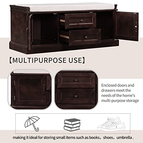 P PURLOVE Rustic Wood Storage Bench with 2 Cabinets and 2 Drawers, Wood Shoe Bench with Removable Cushion for Entryway, Hallway - color: Espresso, size: with 2 Drawers and 2 Cabinets