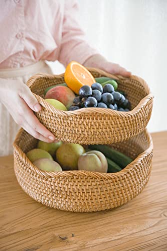 HITOMEN Handmade Rattan Bread Baskets Round Wicker Fruit Serving Storage Bowls, Natural Woven Decorative Kitchen Counter Organizing (Honey Brown) L-11.5" - size: Large