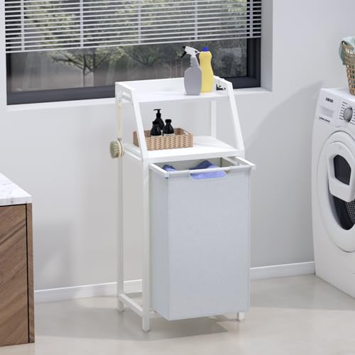 Timberer Laundry Hamper, Laundry Sorter, Rolling Laundry Basket with Wheels, 2 Shelves, 18 Gal(68L), Pull-Out and Removable Oxford Fabric Bags, White and Grey - color: White + Grey, size: 1 Bags (16.9"L x 11.8"W x 41.7"H)