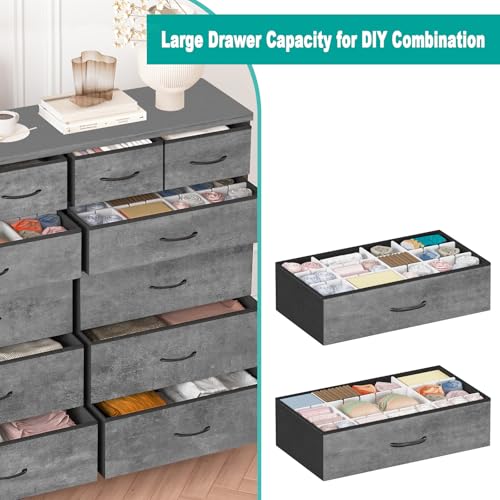 VASICAR Gray Dresser for Bedroom with 12 Deep Drawers, Wide Chest of Drawers, Wood Top TV Stand, Tall Fabric Storage Cabinet for Closet, Nursery, Kid's Room - color: Carbon Grey